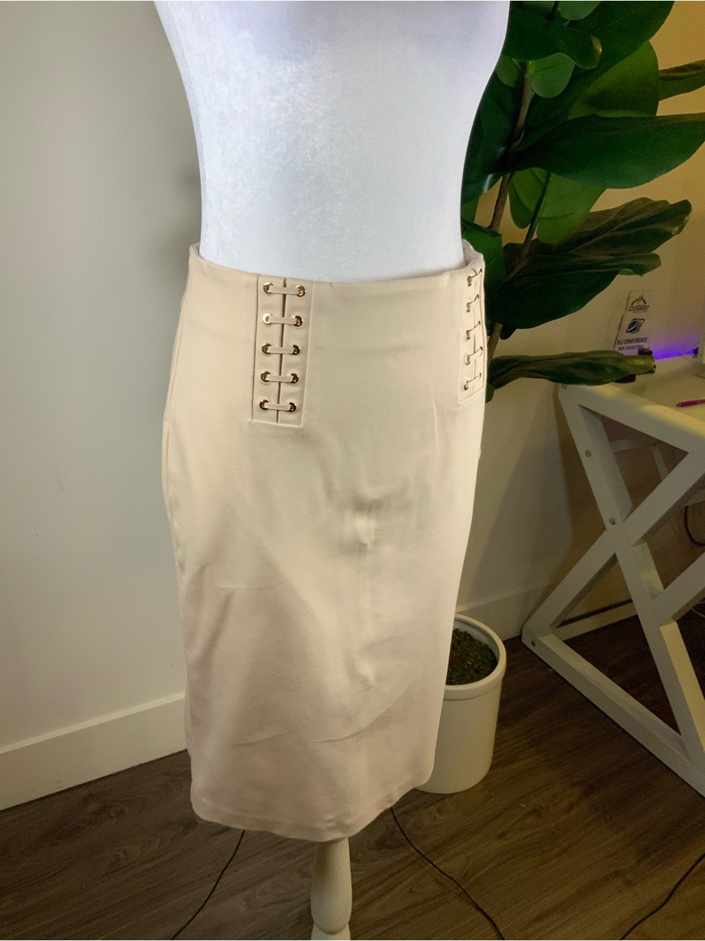 Guess by Marciano Cream Pencil Skirt with Lace-Up Eyelet Panels
